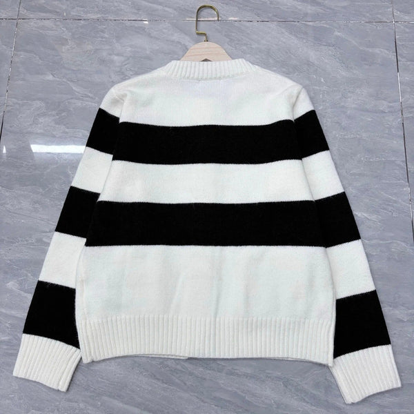 Chanel 2026 Pocket Logo Crew Neck Cardigan Black White Wool 244685