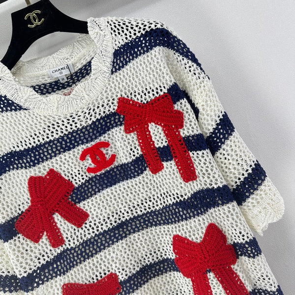 CC 2026 Bow Striped Short Sleeved Shirt White Red Wool 360696