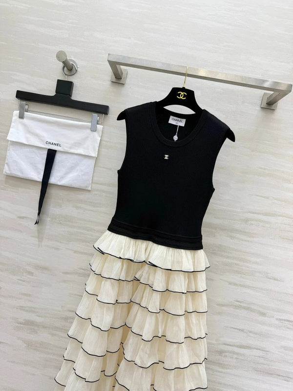 Chanel 2026 Patchwork Dress Black Mix Cream Cotton 422123