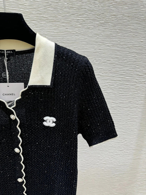 CC 2026 Lapel Sequin Knit Short-Sleeve Black Cotton Polyamide 397736