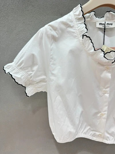 Miu 2026 Ruffled Trim Shirt White Black Cotton 375185
