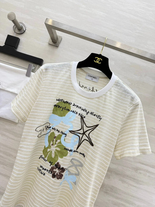 CC 2026 Striped Print Short-Sleeve T-Shirt Cream Blue Green Cotton