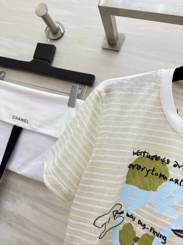 CC 2026 Striped Print Short-Sleeve T-Shirt Cream Blue Green Cotton