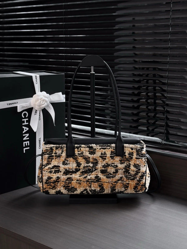 CC 2026 Leopard Print Baguette Bag Tweed Leather