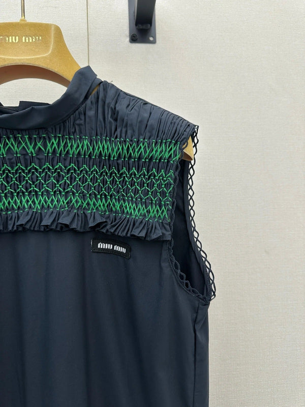 Miu 2026 Sleeveless Dress Navy Green Cotton 648450