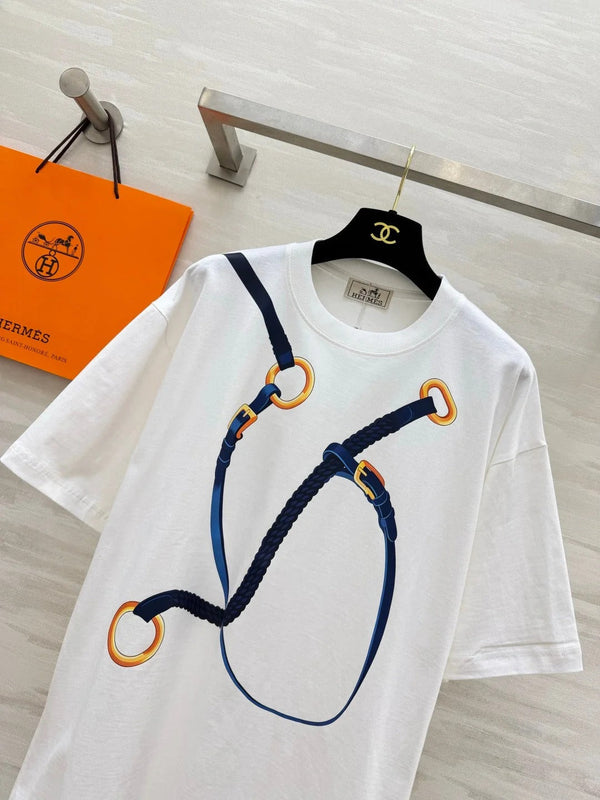 HM 2026 Rope Print T-Shirt White Mix Blue Cotton 408325