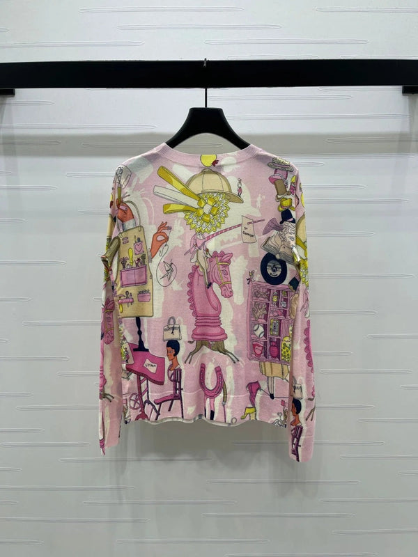 HM 2026 Printed Crew Neck Knit Long Sleeve Top Pink Wool 417087