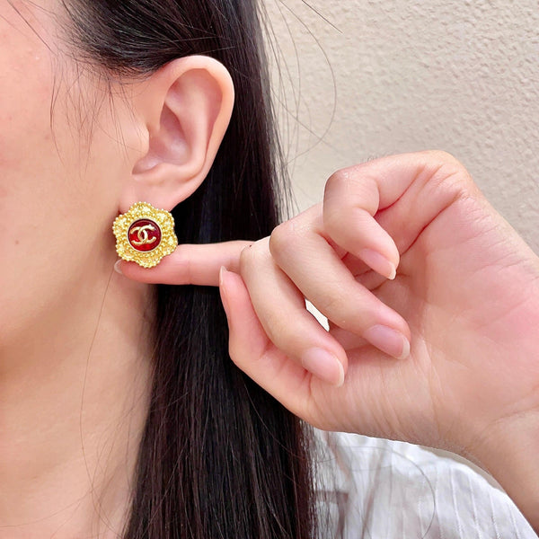 CC Flower Double C Red Gold Earrings