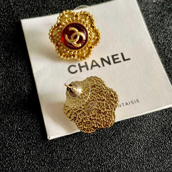 CC Flower Double C Red Gold Earrings