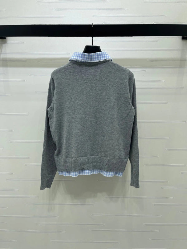Miu 2026 Two-piece Plaid Knit Cardigan Grey Blue Wool 415917