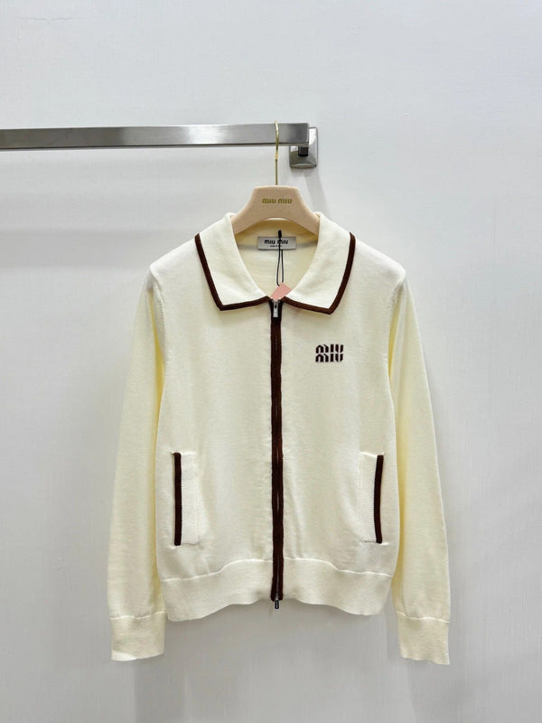Miu 2026 Polo Collar Cardigan with Logo Pattern Wool 838823