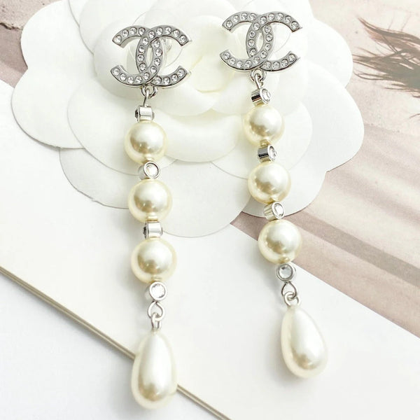 CC Silver Rhinestone Double C Tassel Pearl Earrings