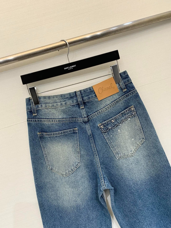 Chanel 2026 Rhinestone-Embellished Straight-Leg Jeans 155198