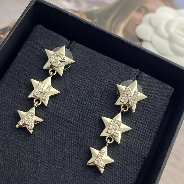 CC Light Gold Double C 3 Star Earrings