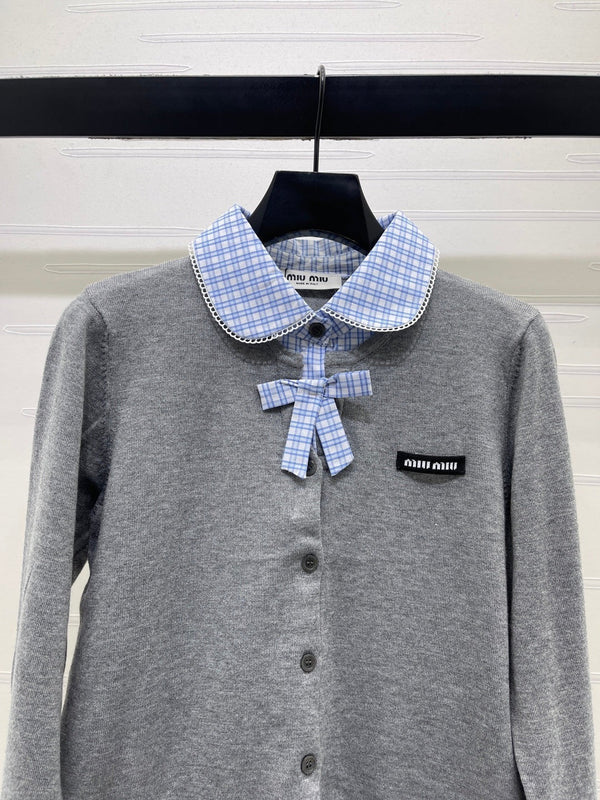 Miu 2026 Two-piece Plaid Knit Cardigan Grey Blue Wool 415917