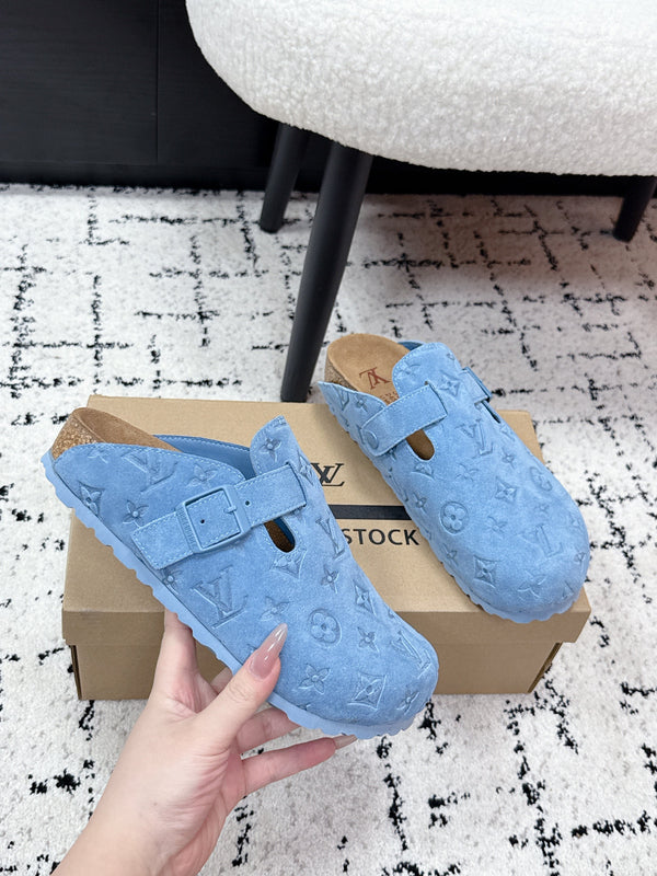 LV Cosy Comfort Mules Blue Brown Monogram Suede 616983