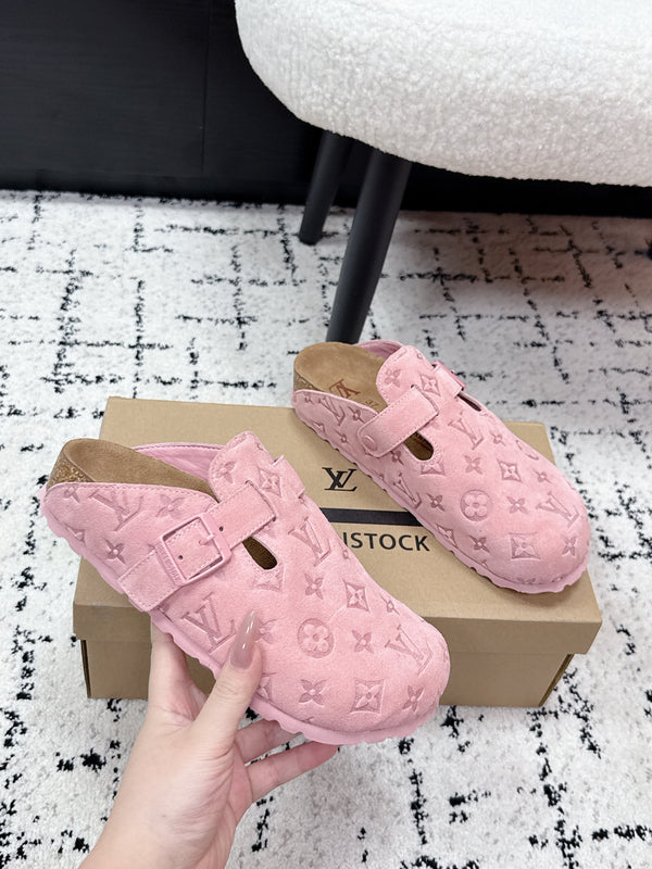 LV Cosy Comfort Mules Pink Brown Monogram Suede 616985