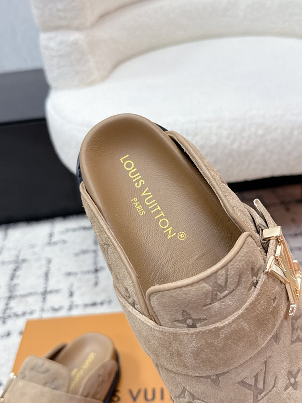 LV Cosy Comfort Mules Light Brown Monogram Suede 616990
