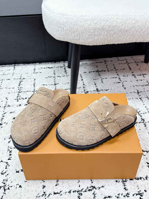 LV Cosy Comfort Mules Light Brown Monogram Suede 616990
