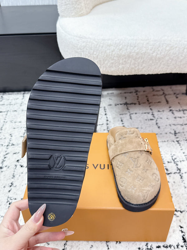 LV Cosy Comfort Mules Light Brown Monogram Suede 616990