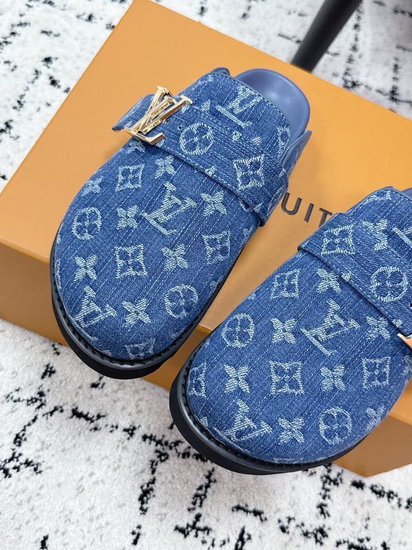 LV Cosy Comfort Mules Blue Monogram Denim 616996