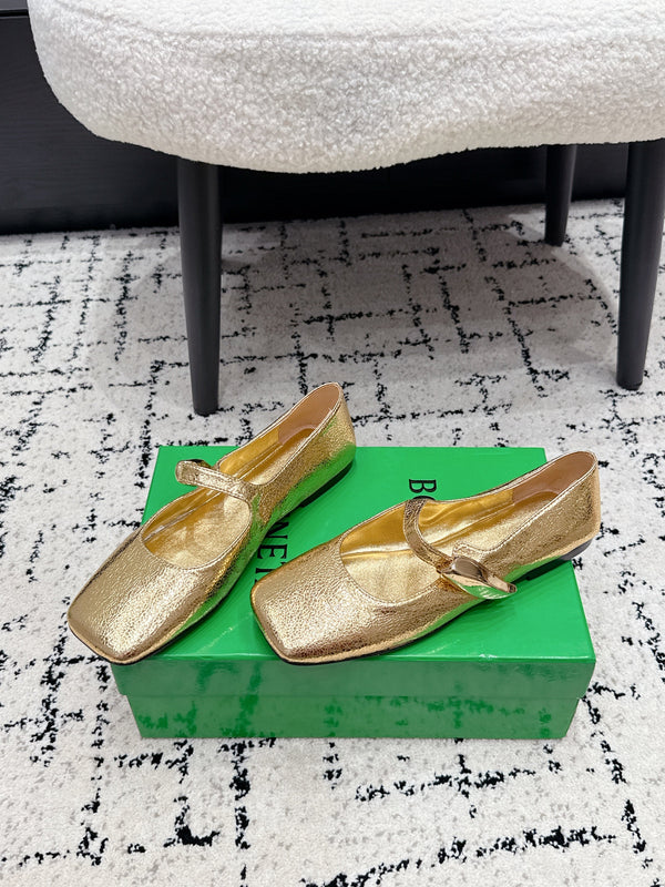 BV Charlotte Mary Jane Flat Gold Metallic Leather 770005