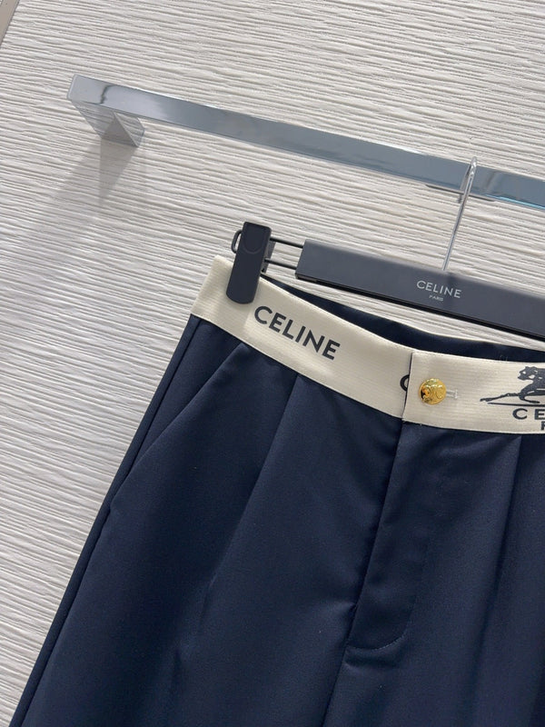 Celine 26S Wide-leg Trousers Celine Belt Navy Blue Polyester Viscose 351295