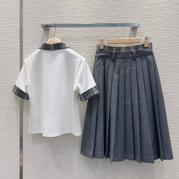 Miu SS26 Set Polo Shirt Pleated Skirt White Charcoal Grey Polyester Cotton 351269