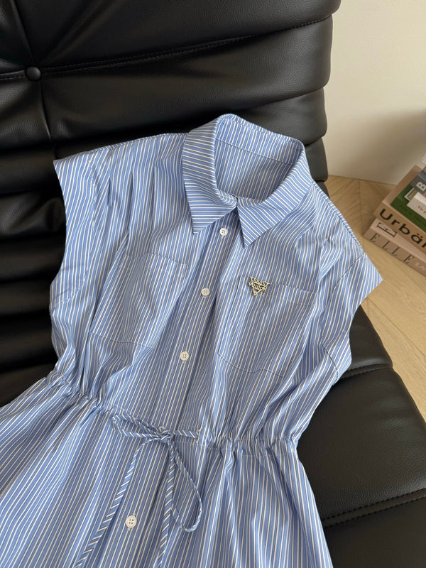 LV 25 Triangle Metal Logo Decorated Dress White Blue Cotton