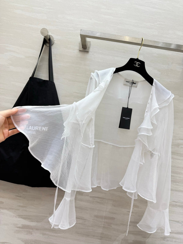 YSL 26s V-neck Ruffle Top White Mesh 396986
