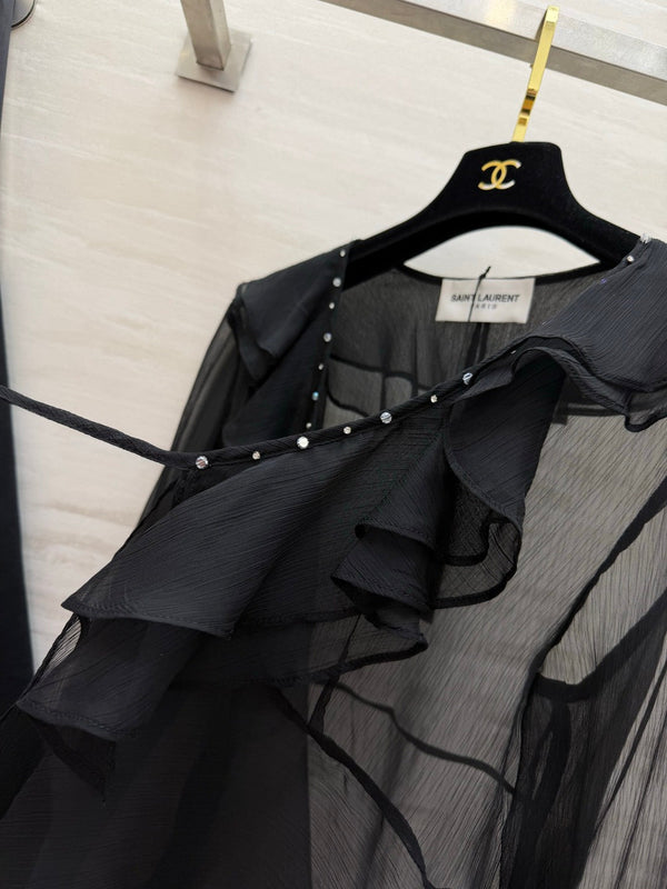 YSL 26s V-neck Ruffle Top Black Mesh 396988