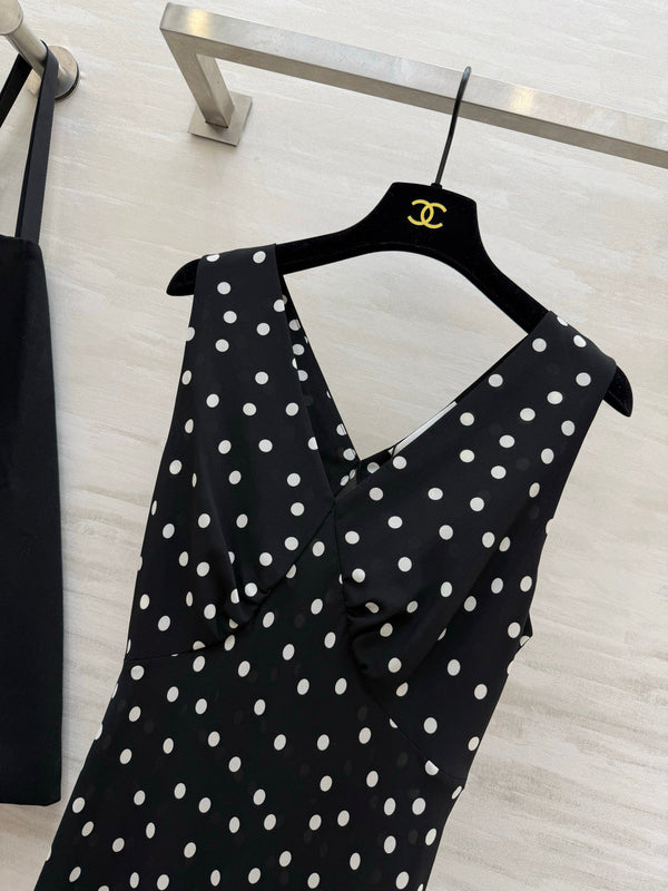 YSL 26s V-Neck Maxi Dress Black White Silk 398891
