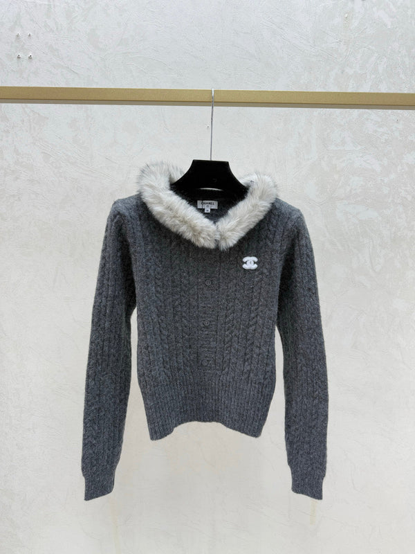 Chanel 2025 Hooded Feather-Embellished Knitted Long-Sleeve Cardigan Wool 716356