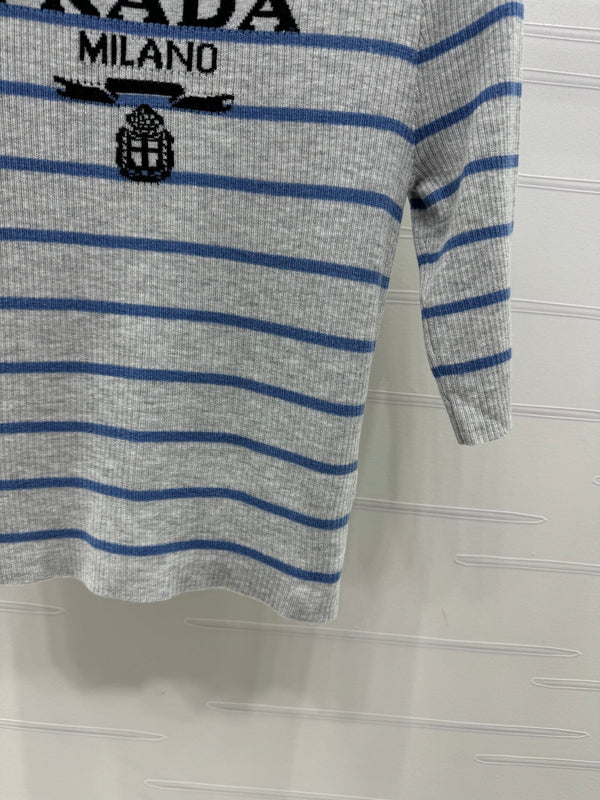 Prada Logo-Intarsia Striped Top Marble Grey Wool 351053