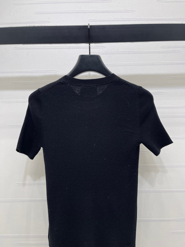 Prada Round Neck Knit Short-Sleeve Top Black Wool 351041