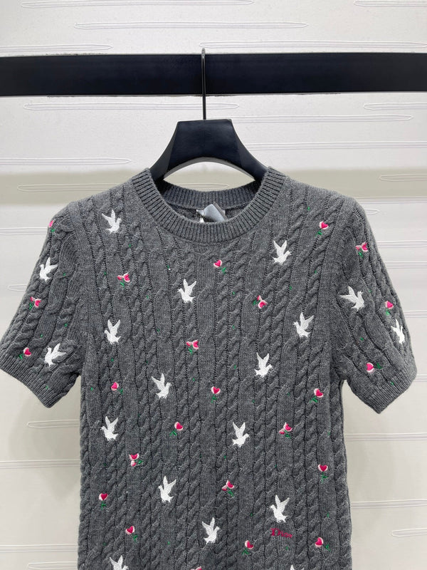 CD SS26 Embroidered Cable-Knit Sweater Bird Rose Grey Cashmere 351088
