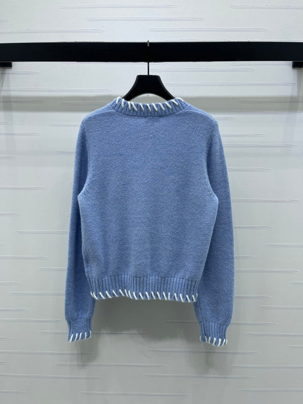 CC 26s Crochet-Trimmed Crew Neck Cardigan Blue Knit 343630