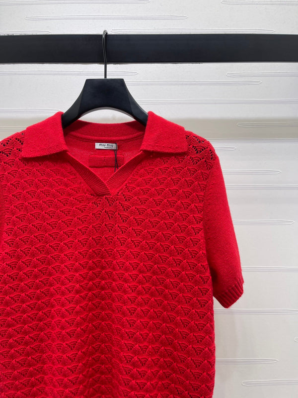 Miu Polo Half-Open Short-Sleeved Top Red Knit 343435