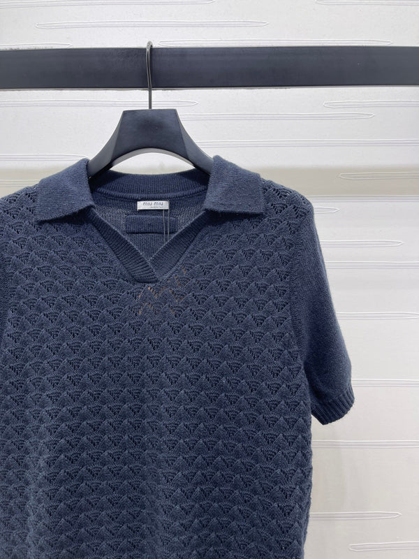 Miu Polo Half-Open Short-Sleeved Top Navy Blue Knit 343436