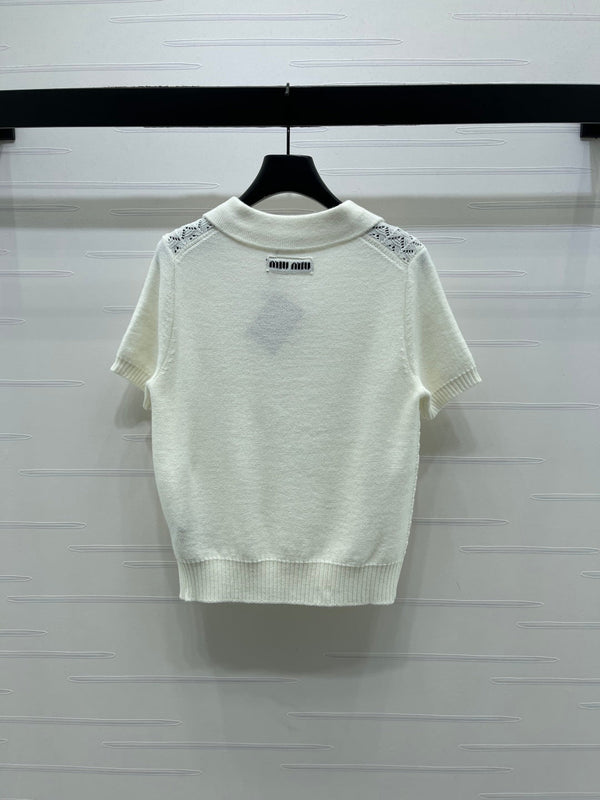 Miu Polo Half-Open Short-Sleeved Top Ivory Knit 343437