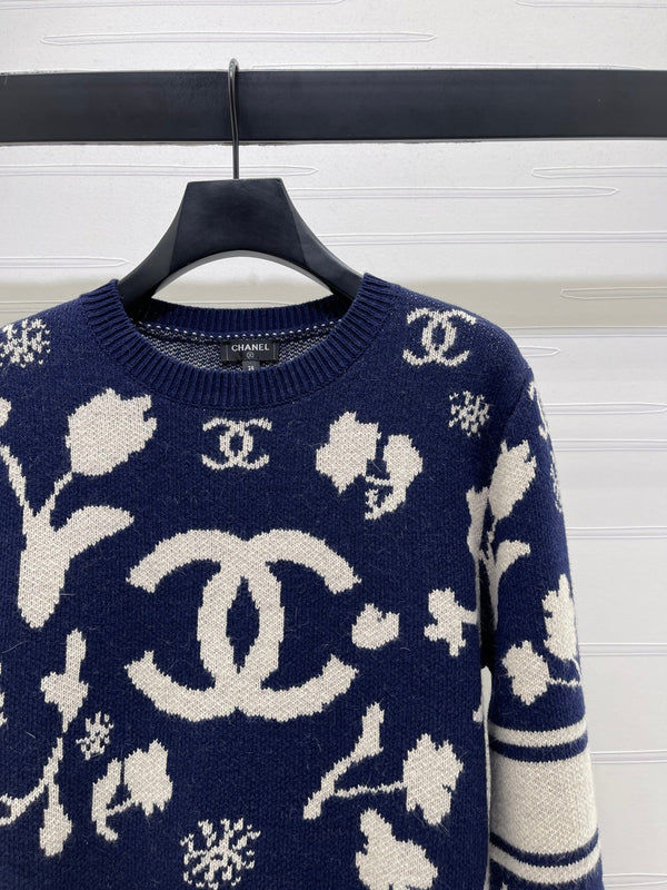 CC Double C Floral Jacquard Long-Sleeved Sweater Navy Blue Cashemere 344097