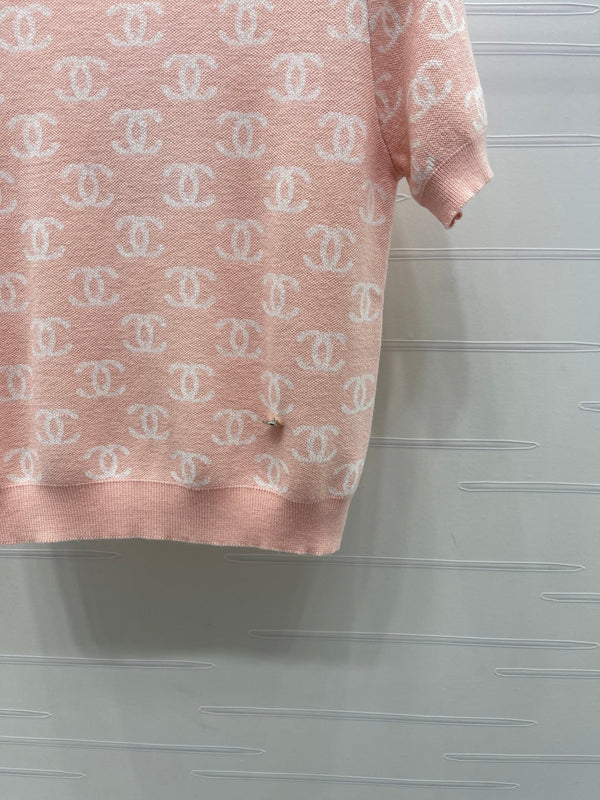 CC 26sJacquard Knit Short-Sleeved Cardigan Pink Wool 344125