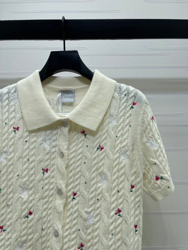 CD SS26 Embroidered Knit Polo Shirt Bird Rose Ivory Cashmere 351082