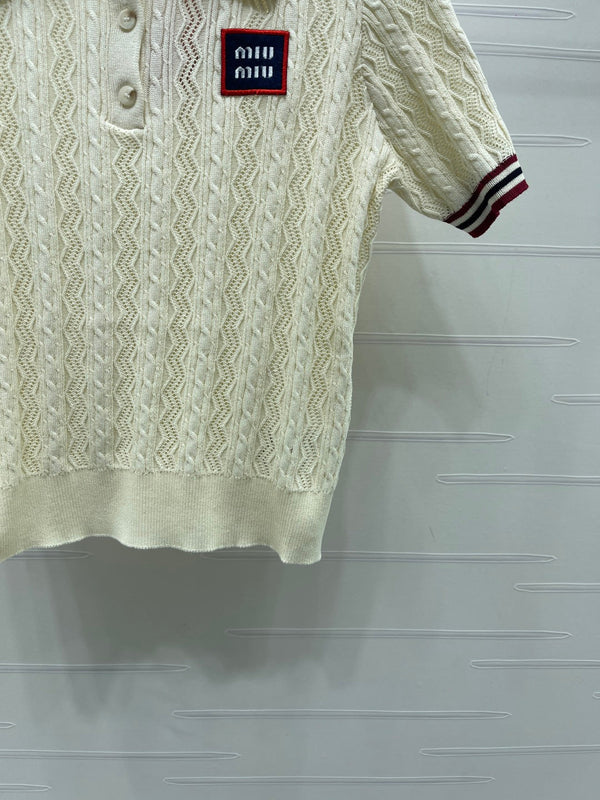 Miu Knit Short-Sleeved Cream Burgundy Tencel Wool 380755