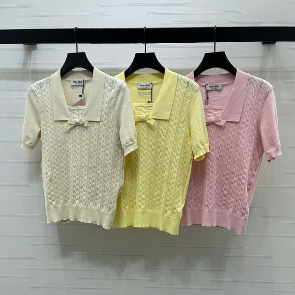 Miu Cable Knit Short-Sleeved Shirt Linen Silk