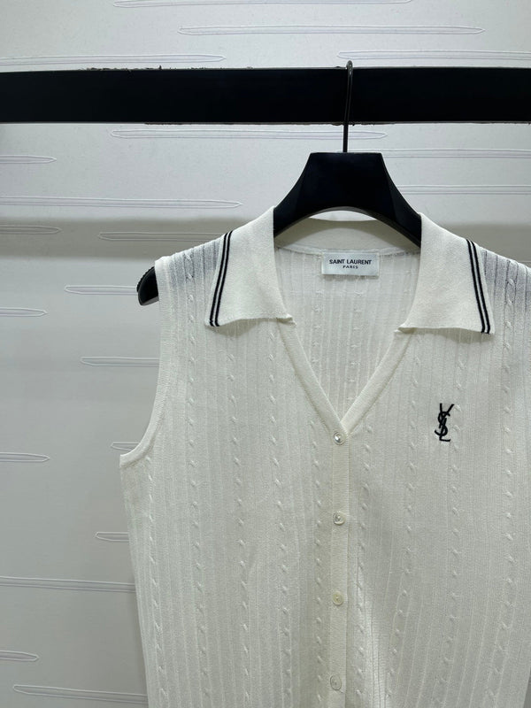 YSL Collared Knit Vest Spun Silk Linen 397453