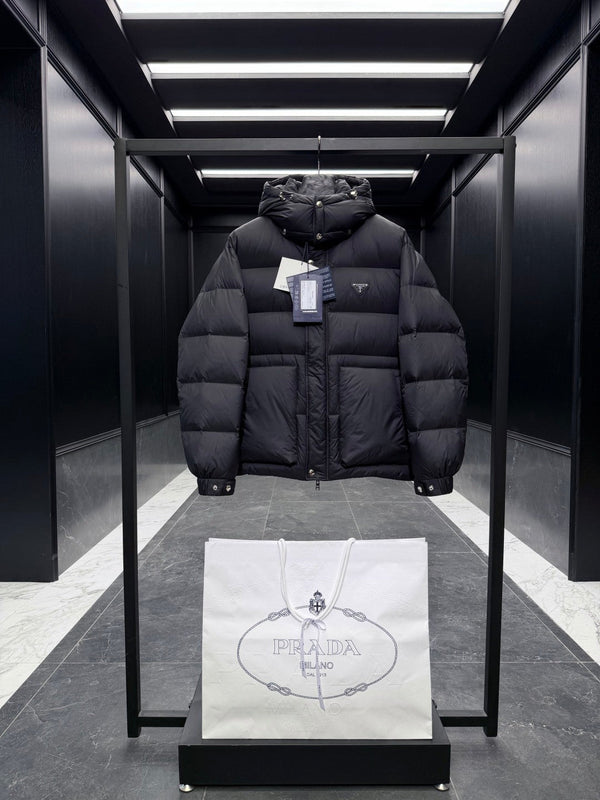 Prada 2025 Quilted Hooded Jacket Black Nylon Down