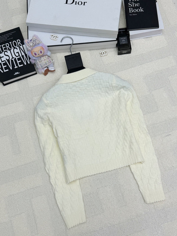 Chanel 2025 Polo Neck High-Waisted Short Knit Cardigan White Wool