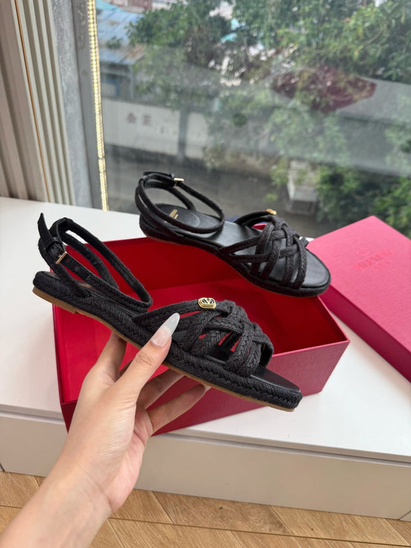 VLTN Bribri Espadrille Sandals Black Raffia Leather 933617