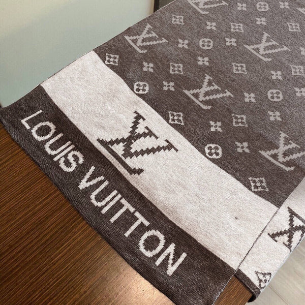 LV 25s Scarf 200cm Brown Light Gray Cashmere 973133